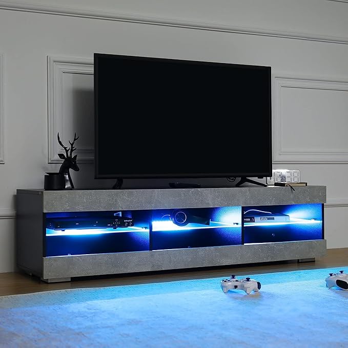 HOMMPA LED TV Stand for 65 inch TV Grey Black TV Stand with Led Lights Modern TV Entertainment Center with Glass Shelves TV Media Console for Living Room - LeafyLoom