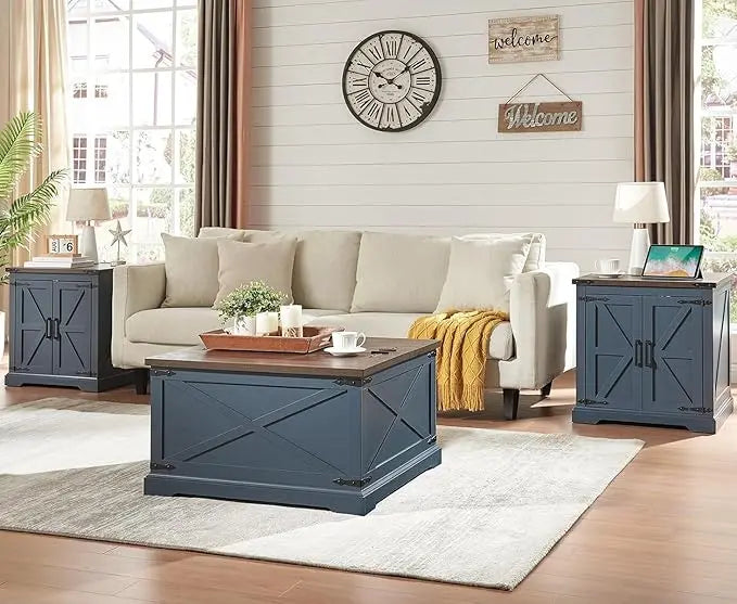 Farmhouse Square Coffee Table with Storage, Wood Center Table with Hinged Lift Top, Rustic Cocktail Table with Large Hidden Storage Compartment for Living Room, Bedroom,Blue - LeafyLoom