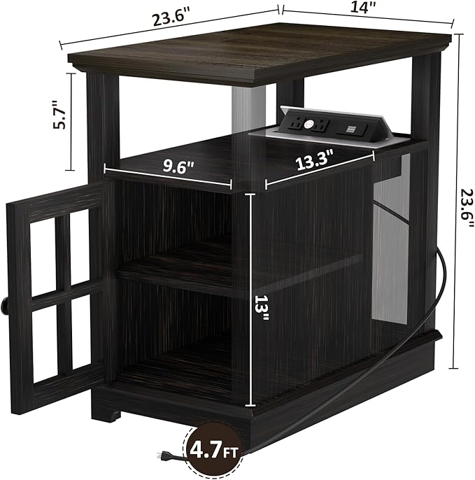 HIFYOBRO End Table with Hidden Charging Station, Narrow Side Table with Storage, Nightstand for Small Spaces with USB Ports & Power Outlets - LeafyLoom