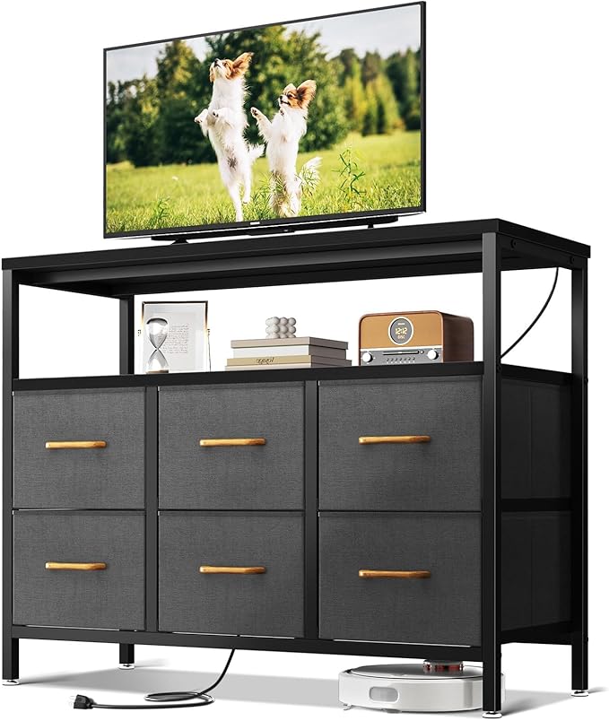 AODK TV Stand with Power Outlet, 40" Long TV Stand with 6 Large Fabric Drawers, Entertainment Center with Open Shelves for 55 Inch TV, Living Room, Black and Dark Grey - LeafyLoom