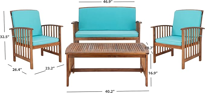 SAFAVIEH Outdoor Collection Rocklin Natural/ Aqua Cushion 4-Piece Conversation Patio Set - LeafyLoom