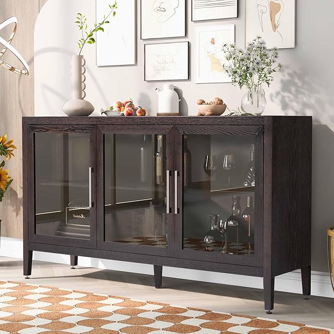 Merax Wood Sideboard, Buffet Cabinet with Storage & 3 Tempered Glass Doors, Built-in Adjustable Shelf, for Living, Dining Room and Kitchen, Brown - LeafyLoom