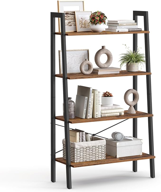 VASAGLE Ladder Shelf, 4-Tier Bookshelf, Storage Rack, Bookcase with Steel Frame, for Living Room, Home Office, Kitchen, Bedroom, Industrial Style, Rustic Brown and Black ULLS144B01 - LeafyLoom