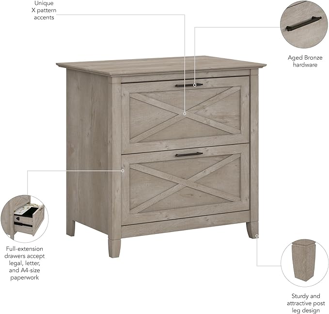 Bush Furniture Key West 2 Drawer Lateral File Cabinet in Washed Gray | Document Storage for Home Office | Accent Chest with Drawers - LeafyLoom