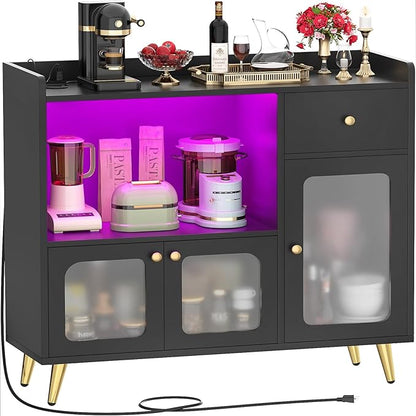 Cyclysio Sideboard Buffet Cabinet with Power Outlet, Kitchen Cabinet with LED Lights, Large Bar Cart Accent Buffet Cabinet with Door for Bedroom, Living Room, Kitchen, Hallway, Black - LeafyLoom