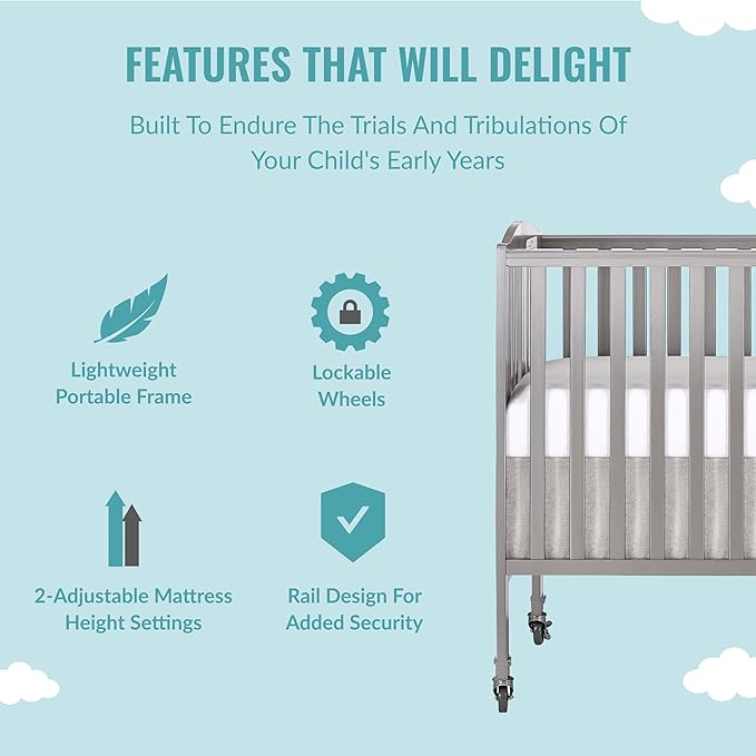 Folding Full Size Convenience Crib In Storm Grey, Two Adjustable Mattress Height Positions, Comes With Heavy Duty Locking Wheels, Flat Folding - LeafyLoom