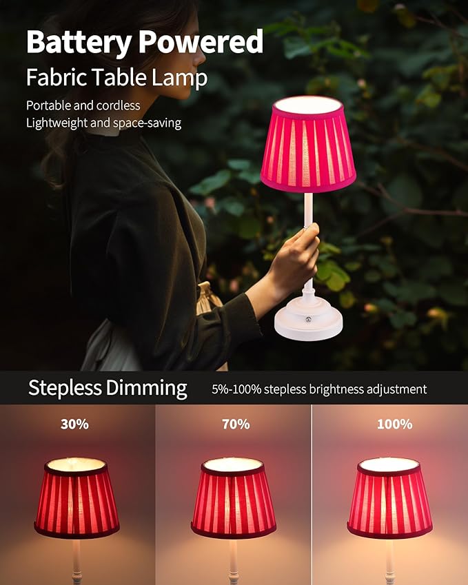 KDG Portables Cordless Table Lamp, Fabric Shade Desk Lamp, 5000mAh Rechargeable Battery Powered Lighting, Dimmable light for Dining Room, Bedroom, Bedside, Night Light, Camping, Balcony (Pink-purple) - LeafyLoom