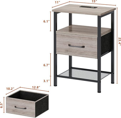 Night Stand Set 2, End Table with Charging Station, LED Bedside Table with Fabric Drawer for Bedroom, 3-Tier Side Table with Open Shelf, Greige - LeafyLoom