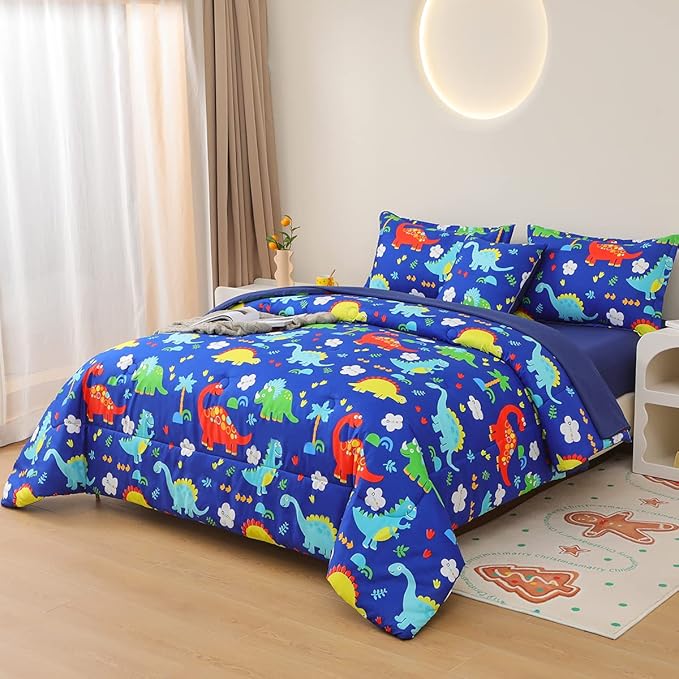 Dinosaur Comforter Set for Boys, 6 Pcs Bed in a Bag Twin Blue Dinosaur Wild Park Jungle Print Kids Bedding Set with Sheets - LeafyLoom