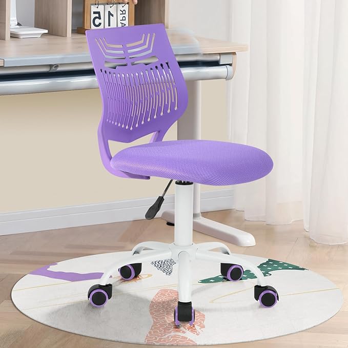 Kids Desk Chair, Armless Home Office Task Chair with Mesh Padded Cushion, Swivel Study Computer Chair with Rolling Wheels for Children Student, Purple - LeafyLoom