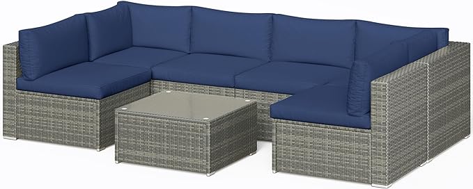 SUNVIVI OUTDOOR 7 Piece Patio Furniture Sets All Weather Gery PE Wicker Couch Sofa with Glass Table, Removable Navy Cushions - LeafyLoom