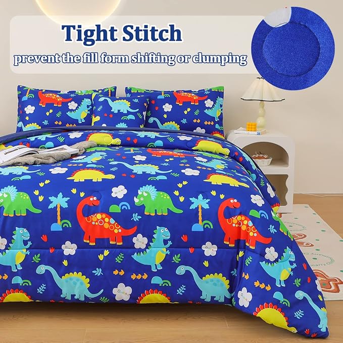 Dinosaur Comforter Set for Boys, 6 Pcs Bed in a Bag Twin Blue Dinosaur Wild Park Jungle Print Kids Bedding Set with Sheets - LeafyLoom