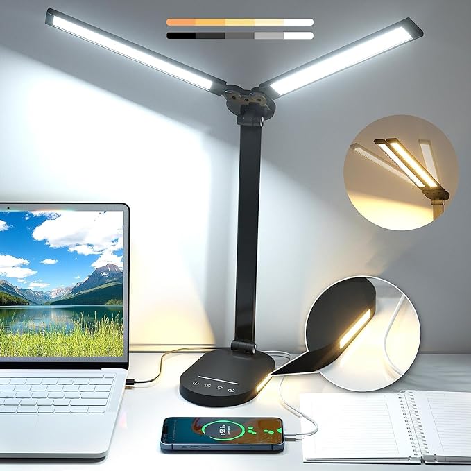 LED Desk Lamps for Home Office, Dual Swing Arm Desk Light, Dimmable Desk Lamp with USB Charging Port, Office Lamp with Night Light, 1H Timer, 5 Color Modes 5 Brightness Levels, Eye-Caring Table Lamp - LeafyLoom