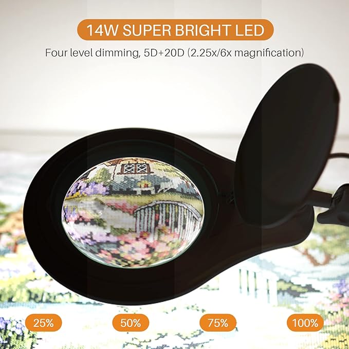 Bifocals LED Magnifying Lamp with Clamp, 5 Diopter with 20 Diopter, 5 Inch Magnifier Glass Lens, 1200 Lumens Dimmable Magnifier Lamp for Desk Craft Hobby with 60PCS Bright LEDs - LeafyLoom