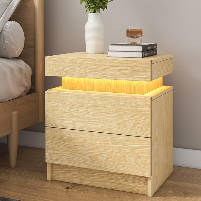 HOMMPA LED Nightstand Wood Bedside Table with Led Lights Modern LED Night Stand with 2 Drawers Smart Nightstand Matte Night Table for Bedroom 20.5" Tall - LeafyLoom