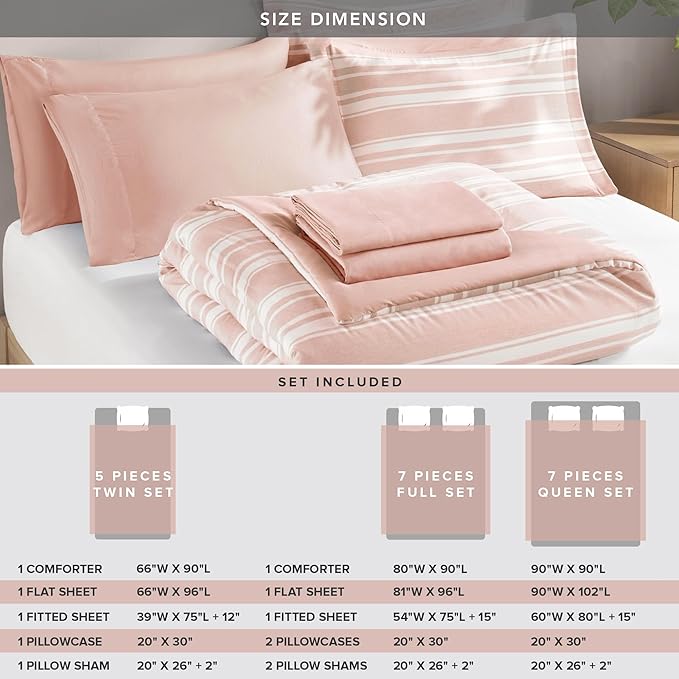 Codi Bed in a Bag Twin Size Complete Set, Pink and White Striped Single Comforter Set 5 Piece for Teen Girls, Modern Neutral Cationic Dyeing Bed Sets with Comforter, Sheets, Pillowcases & Shams - LeafyLoom