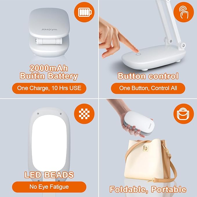 LED Desk Lamp for Office Home & Battery Operated Lamp Rechargeable Lamp Foldable & Portable Light, [2-fold support frame higher] 3 Brightness Dimmable Small Desk Lamp Wireless Reading Lamp - LeafyLoom