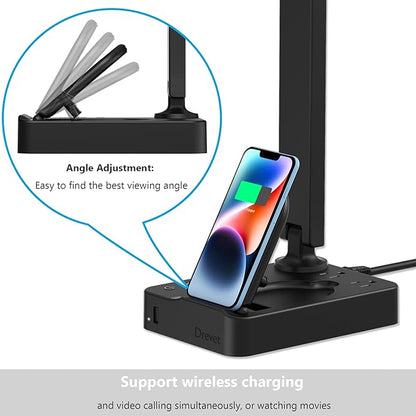 Drevet LED Desk Lamp with Wireless Charger, Desk Table Light with USB Charging Port and 2 Outlets, 3 Lighting Modes, 3 Level Brightness, 1H Timer, Touch Control, Eye-Caring Home Office Foldable Lamp - LeafyLoom