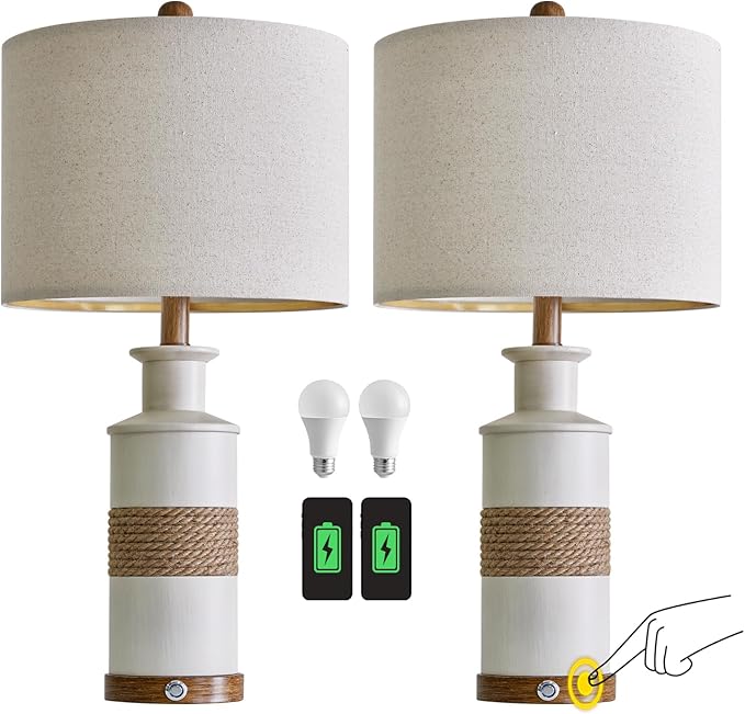 BOBOMOMO 24.5" USB A+C 3-Way Dimmable Touch Control Boho Table Lamp Set of 2 for Living Room Nightstand Beside Lamps for Bedroom(include two bulbs) - LeafyLoom