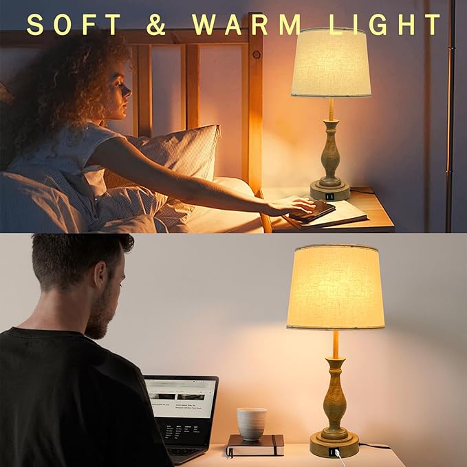 Farmhouse Table Lamp Touch Control 3-Way Dimmable Table Lamp, Modern Nightstand Lamp with 2 USB Port Bedside Desk Lamp with Fabric Shade for Living Room Bedroom Hotel (Pack-01A) - LeafyLoom