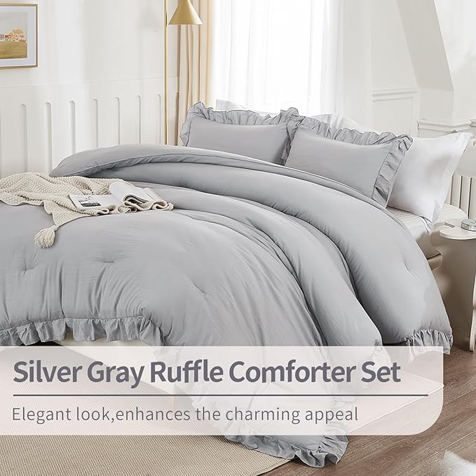 Andency Silver Gray Comforter Set Queen Size, 3 Pieces Shabby Chic Ruffle Bedding Comforter Sets for Queen Bed, Lightweight Fluffy Soft Microfiber Farmhouse Comforter Set - LeafyLoom