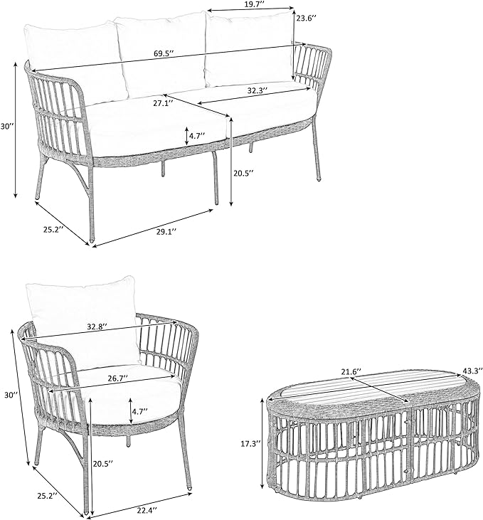 Furniture 4-Piece Outdoor Patio Conversation Seating for 5 Person and Coffee Table, Rattan Chair Wicker Sofa Bistro Sets for Porch, Backyard and Garden, Grey - LeafyLoom