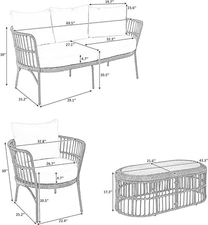 Furniture 4-Piece Outdoor Patio Conversation Seating for 5 Person and Coffee Table, Rattan Chair Wicker Sofa Bistro Sets for Porch, Backyard and Garden, Grey - LeafyLoom