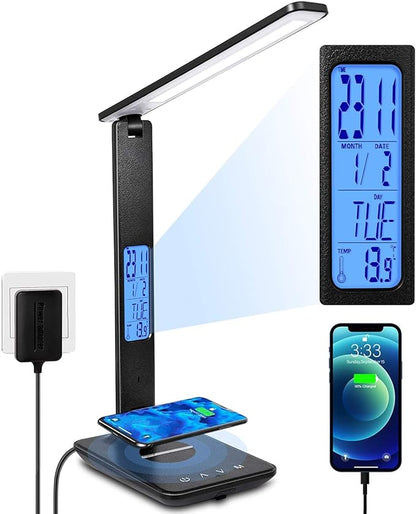 LED Desk Lamp, Desk Lamp with Wireless Charger, Suitable for Home, Office Dimmable Desk Lamp, with USB Charging Port, Built-in Clock, Calendar, Thermometer and Automatic Timing Reading Desk Lamp. - LeafyLoom