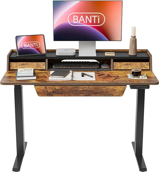 BANTI Height Adjustable Electric Standing Desk with Three Drawers, 48 x 25 Inch Table with Storage Shelf, Sit Stand Desk with Storage Space, Splice Board with Black Frame/Rustic Brown Top - LeafyLoom