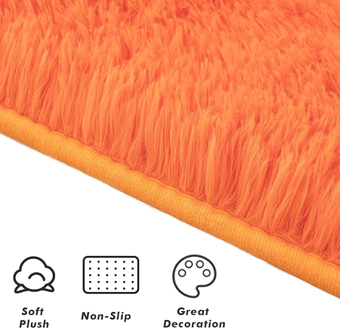 Softlife Area Rug for Bedroom, 2x6 Feet Runner Rug Plush Fluffy Rug for Living Room, Orange Shag Rug for Aesthetic Christmas Room Decor, Modern Fuzzy Faux Fur Carpet for Kids Nursery Room Dorm - LeafyLoom