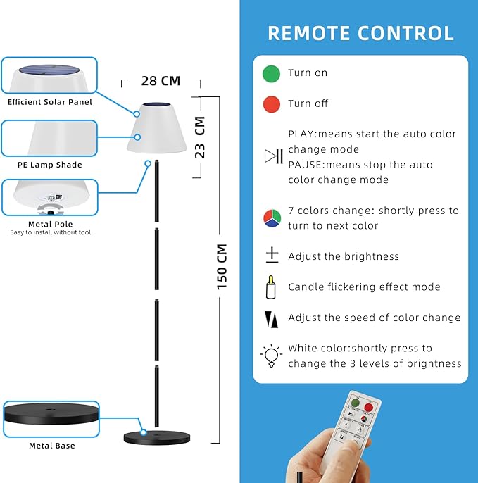 Solar Floor Lamp for Patio Waterproof, Outdoor Floor Lamp with Light Sensor, USB Rechargeable Cordless Floor Lamp with Remote, Dimmable Warm White and Height Adjustable for Lawn Yard Pool Garden - LeafyLoom