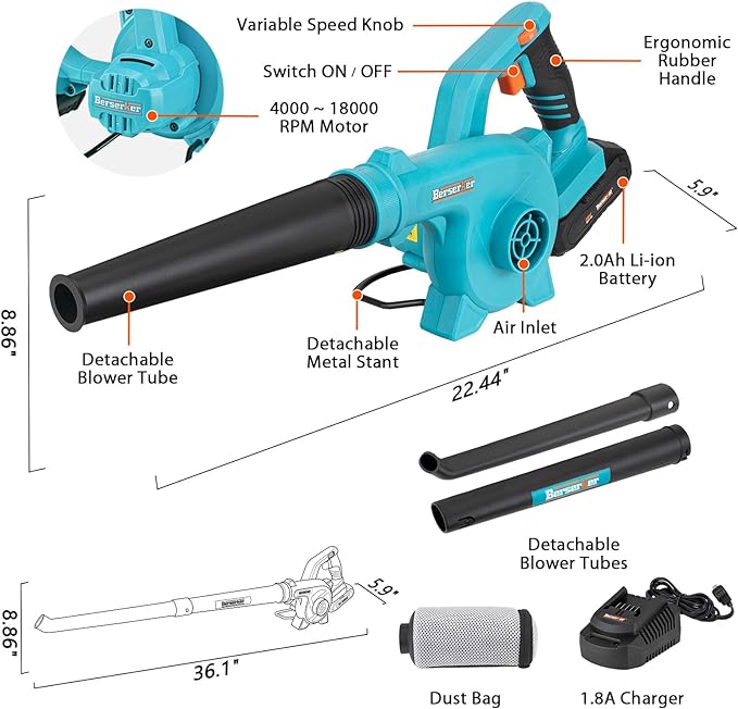 Berserker 20V Leaf Blower Cordless 2.0Ah Battery Operated and Charger Included,2-in-1 Compact Electric Powered Handheld Lightweight Variable-Speed Yard Vacuum for Lawn Care,Snow Blowing,Dust Cleaning - LeafyLoom