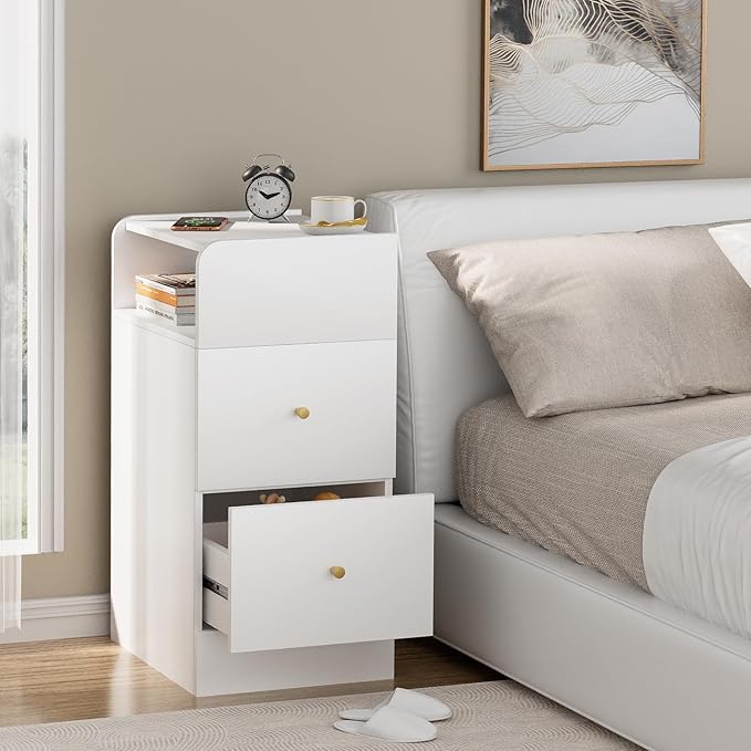 White Nightstand with Two Drawers,Chest of Drawers for Bedroom with Side Opening Storage Rack,3 Tiers Modern Night Table for Bedroom Storage Furniture (Round Corner) - LeafyLoom