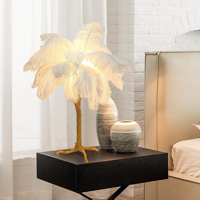 White Bedside Lamp Ostrich Feather Desk Lamp Gold Resin Ostrich Feather Table Lamp, Girls Gift Romantic Wedding Decoration Palm Tree Lamps G4*3 - LeafyLoom