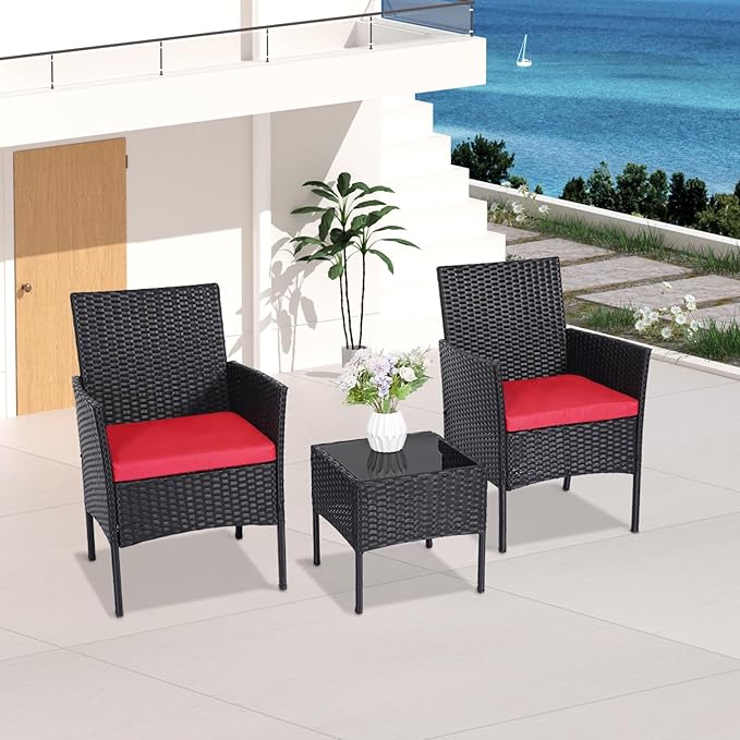 Patio Furniture Set 3 Pieces All-Weather Rattan Outdoor Furniture Patio Chairs with Tempered Glass Table for Porch Bistro Balcony Bistro Set(Black/Red) - LeafyLoom