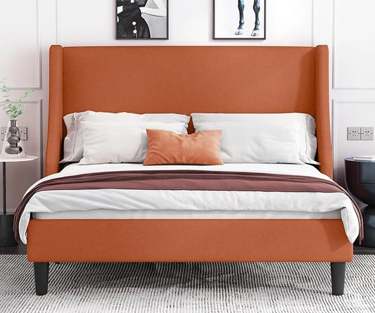 Allewie Full Size Bed Frame, Platform Bed Frame with Upholstered Headboard, Modern Deluxe Wingback, Wood Slat Support, Mattress Foundation, Burnt Orange - LeafyLoom