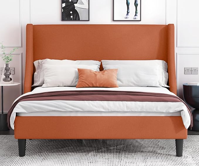 Allewie Queen Bed Frame, Platform Bed Frame Queen Size with Upholstered Headboard, Modern Deluxe Wingback, Wood Slat Support, Mattress Foundation, Burnt Orange - LeafyLoom