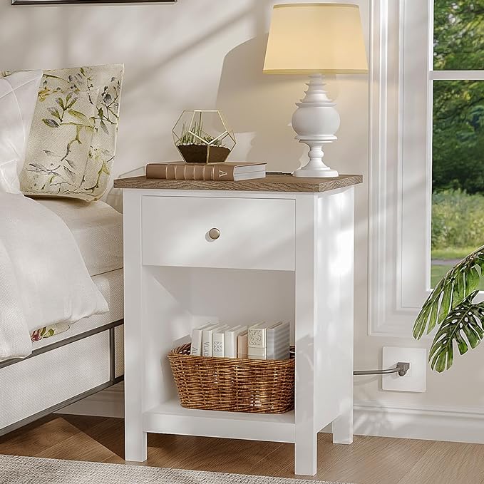 ChooChoo Farmhouse Nightstand with Charging Station, Wooden Top Bedside End Table with Drawer and Storage Space for Bedroom, White - LeafyLoom