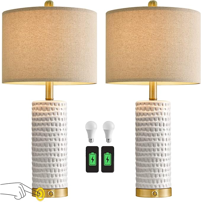 PORTRES 24" Farmhouse 3-Way Dimmable Touch Ceramic Table Lamp Set of 2 for Bedroom White Bedside Lamps with USB A+C Charging Ports for Living room Nightstand Lamp End Table lamps - LeafyLoom