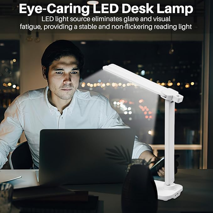 LED Desk Lamp Dimmable Double Head Reading Lamp with USB Charging Port, 3 Lighting Modes, Sensitive Control, Eye-Caring Office Lamp for Study Reading Drafting (White) - LeafyLoom