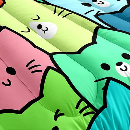 Cat Bedding Set Full Size - 3 Piece Cartoon Cat Comforter Set for Girls Boys Kids Bedroom Colorful Animals Print Home Bedding Decor for All Season Soft Warm 1 Cat Quilt Cover with 2 Pillowcases - LeafyLoom