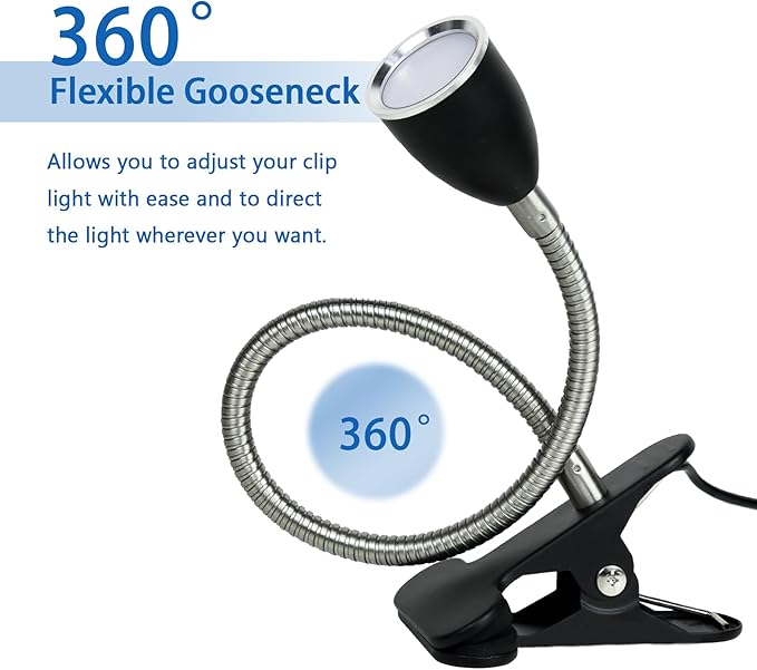 Desk lamp Eye-Caring Table Lamps, 360°Rotation Gooseneck Clip on Lamp Reading Light, Portable Reading Book Light, Clamp Light, Study Desk Lamps for Bedroom and Office Home Lighting (Black-C01) - LeafyLoom