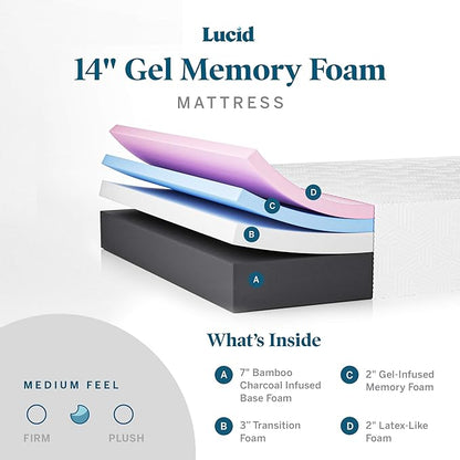 LUCID 14 Inch Memory Foam Mattress - Medium Feel - Memory Foam Infused with Bamboo Charcoal and Gel - Temperature Regulating - Pressure Relief - Breathable - Premium Support - Twin XL Size - LeafyLoom