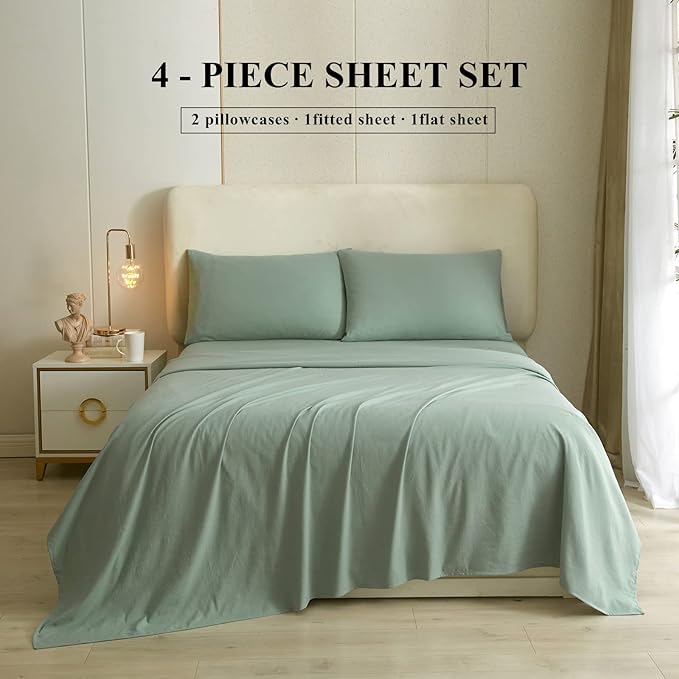 HighBuy Sage Green Sheets for Queen Size Bed,4 Piece Cooling Sheets Queen Deep Pocket up to 16 Inch,Solid Bedding Sheets & Pillowcasess Set,Wrinkle, Fade, Stain Resistant - 4 Piece (Queen, Green) - LeafyLoom