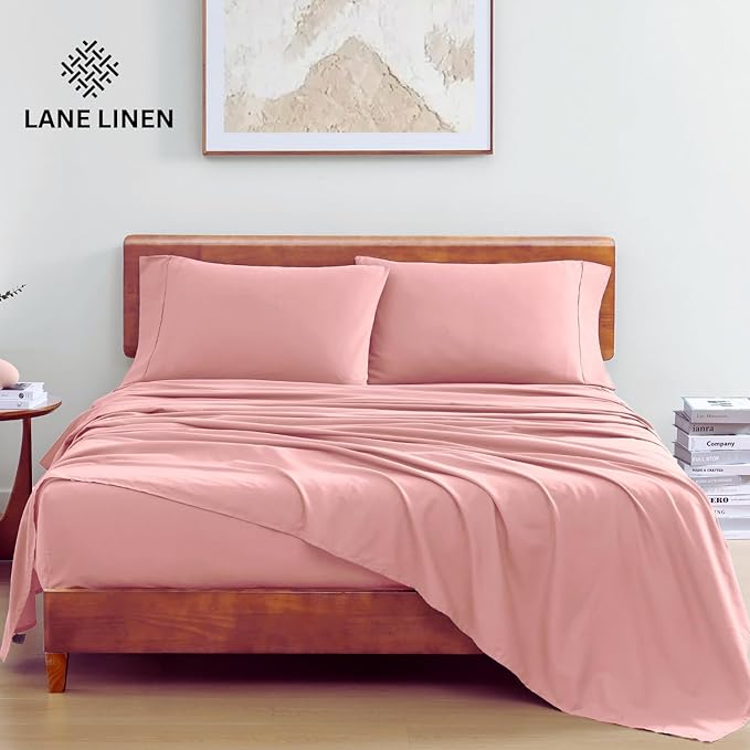 LANE LINEN 100% Organic Cotton Queen Sheets Set, 4-Piece Pure Organic Cotton Percale Sheets Queen, Cotton Bedsheets, Ultra Soft Bedding Sheets, Breathable, Fits Mattress Upto 15" Deep - Rose Dawn - LeafyLoom