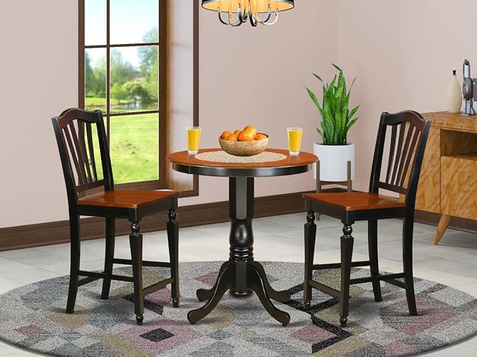 East West Furniture JACH3-BLK-W 3 Piece Kitchen Counter Height Dining Table Set Contains a Round Pub Table with Pedestal and 2 Dining Room Chairs, 36x36 Inch, Black & Cherry - LeafyLoom