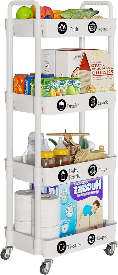 4-Tier Storage Cart,Multifunction Utility Rolling Cart Kitchen Storage Organizer,Mobile Shelving Unit Cart with Lockable Wheels for Bathroom,Laundry,Living Room,With Classified Stickers,White - LeafyLoom