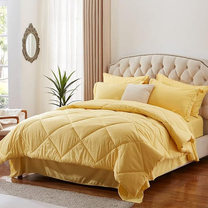 NexHome Yellow King Bed in a Bag 7-Pieces Comforter Sets with Comforter and Sheets Soft All Season Bedding Sets with Comforter, Pillow Shams, Flat Sheet, Fitted Sheet and Pillowcases - LeafyLoom