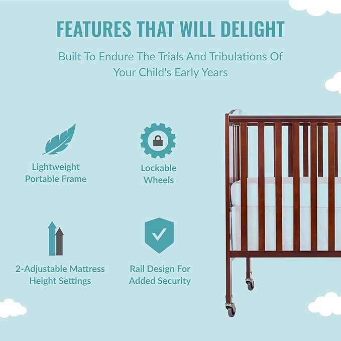 Folding Full Size Convenience Crib In Espresso, Two Adjustable Mattress Height Positions, Comes With Heavy Duty Locking Wheels, Flat Folding Crib - LeafyLoom