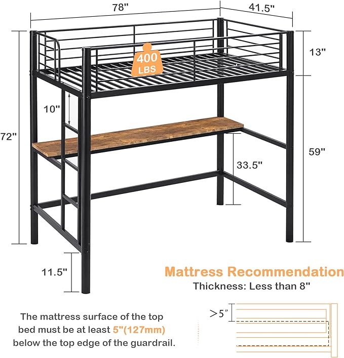 VECELO Metal Loft Bed Twin Size with Desk, Heavy Duty Bedframe with Removable Ladder and Safety Guardrail, Space-Saving, Noise Free, No Box Spring Needed, Black - LeafyLoom